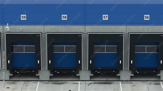 Close-up aerial drone view of a truck loading bay, showcasing logistics and transport infrastructure where freight vehicles are loaded and unloaded as part of modern supply chain operations.