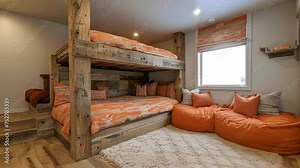 A rustic loft bed made from reclaimed wood beams complete with a builtin reading nook and storage shelves.