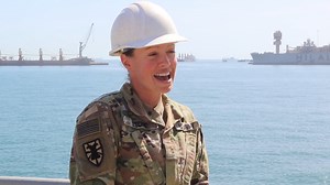 The crew of Logistics Support Vessel USAV SP4 James A. Loux (LSV-6) joins the EQ 60 as they conduct sustainment operations at the Port of Shuaiba, Kuwait on April 04, 2020. The LSV-6 brought about 50 pieces of cargo comprising a portion of a field hospital destined for the 401st Army Field Support Brigade. (U.S. Army video by Staff Sgt. Ron Keenan and Sgt. Michael Aranda) | U.S. Army Central