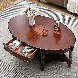 LEEMTORIG Oval Coffee Table for Living Room, Cherry Solid Wood Coffee Table with Storage Drawer, Victorian Antique Vintage Coffee Tables 45"x27.6"x18.2", Easy Assembly, Cherry Walnut, KFZ-1533-WD-DR