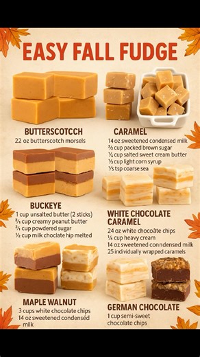 Easy Fall Fudge Collection 🍂 Butterscotch Fudge Ingredients: 22 oz butterscotch morsels 14 oz sweetened condensed milk ½ tsp vanilla extract Instructions: 1. Melt butterscotch morsels with condensed milk over low heat. 2. Stir until smooth, add vanilla, and pour into a parchment-lined dish. 3. Chill until firm, then cut into squares. --- Caramel Fudge Ingredients: 14 oz sweetened condensed milk ⅔ cup packed brown sugar ¼ cup salted butter ½ cup light corn syrup ⅛ tsp coarse sea salt Instruction
