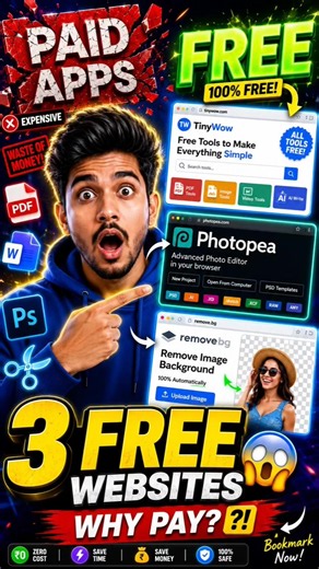 😱 3 FREE Websites That Replace Paid Apps! 🤯 TinyWow, Photopea & Remove.bg #Shorts #technocrats