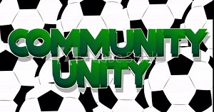 Football balls falling down with Community Unity text. Cartoon sport animation. Stock Video