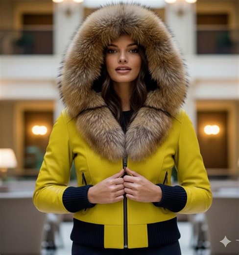 Yellow Leather Bomber With Large Fur Hood - Women’s Vibrant Winter Jacket - Ski Style Coat - Etsy
