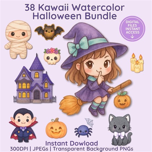 Kawaii Pastel Halloween Clipart Bundle: Watercolor Witches, Cats, Pumpkins (PNG & JPEG Digital Download) - Etsy