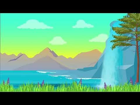 🌊🎶 Waterfall Lake Mountains Nature Kids Cartoon Background