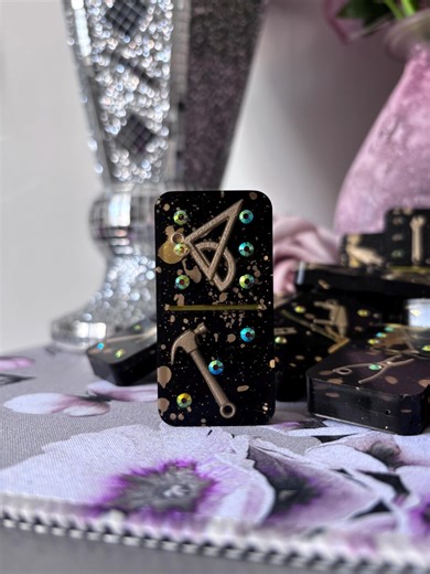 Large Black & Gold Men’s Custom Dominoes Set With Miniature Tools, Rhinestones and Hand-painted Inserts - Etsy