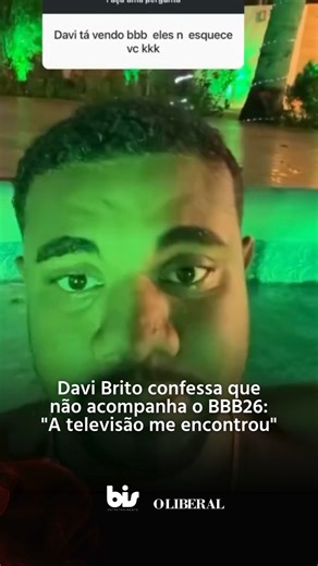 Bis Entretenimento on Instagram: "Davi Brito usou suas redes sociais para esclarecer que não está por dentro das tretas do BBB26. Mesmo com internautas apontando que o nome dele não sai da boca dos novos confinados, Davi afirmou que sua rotina não permite tempo para a TV. "Não tenho esse negócio de ficar no pay-per-view, não sou fanático", afirmou o baiano. 📸IG| davibrito"