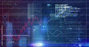 Flashing nodes starting two-tone graphs drawing, scrolling JS and maps animating showing trends