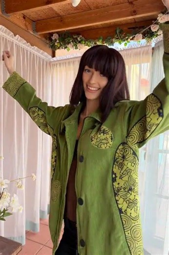 Made in Nepal -Lime green Corduroy jacket with floral and swirl designs. Pockets. #vintage #jacket