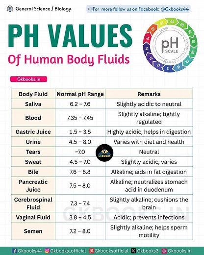 6.6K views · 93 reactions | This chart shows the normal pH ranges of different human body fluids. It explains which fluids are acidic, neutral, or alkaline, and their role in the body. Understanding pH balance is important for health, digestion, and protection. #HumanBodyFluids #pHValues #GeneralScience #BiologyFacts #HealthyLiving | InfoPic Notes | Facebook
