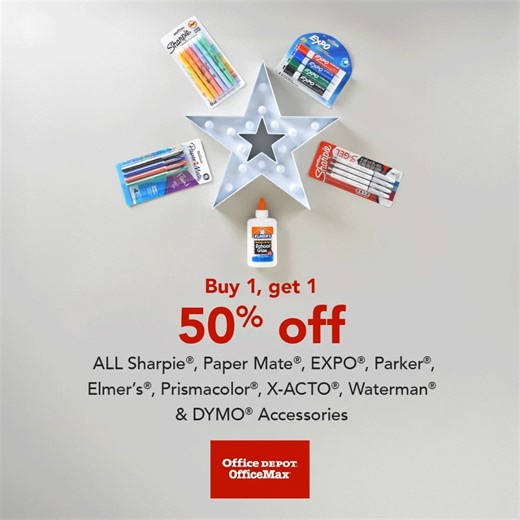4K views · 104 reactions | Now through 10/25/25 shop your favorite brands!️ Buy one, get one 50% OFF ALL Sharpie®, Paper Mate®, EXPO®, Elmer's® & more. https://bit.ly/47OJCfi | Office Depot | Facebook