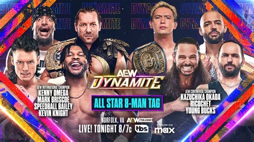 33K views · 385 reactions | All Star 8-Man Tag Kenny Omega, Mark Briscoe, 'Speedball' Mike Bailey & Kevin Knight vs Kazuchika Okada, Ricochet & The Young Bucks Multiple heated rivalries explode on Dynamite, including Omega opposing Okada for the first time since 2018 TONIGHT LIVE from Norfolk, VA at 8pm ET/7pm CT on TBS + MAX! | All Elite Wrestling | Facebook