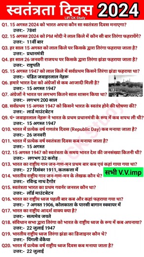 Independence Day 2024 Important GK || 15 August 2024 GK || Independence day GK Question ||