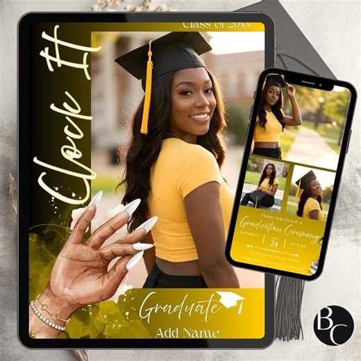 Graduation Ceremony Invitation Template Editable Canva Invite Photo Clock It Yellow 5x7 - Etsy