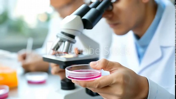 Microbiology laboratory technicians examine bacterial cultures under microscopes while preparing antibiotic sensitivity testing plates identifying pathogens and drug resistance
