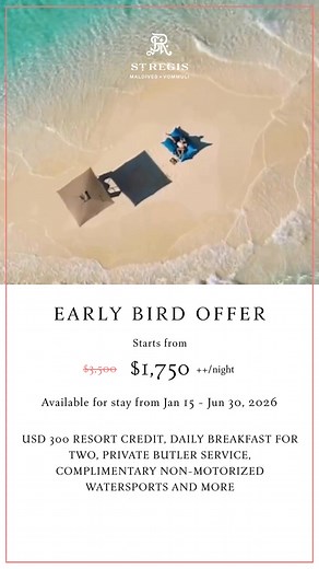 [BOOK BY DECEMBER 15, 2025] Immerse in the exquisite beauty of Vommuli Island with our Endless Summer package, thoughtfully designed for discerning travelers seeking an elevated escape. Package Inclusions: - USD 300 resort credit per stay, per room - Daily breakfast, lunch, and dinner for two at our exceptional dining venues - Personalized St. Regis Butler Service, dedicated to crafting a stay tailored to your preferences - Complimentary non-motorized watersports | The St. Regis Maldives Vommuli