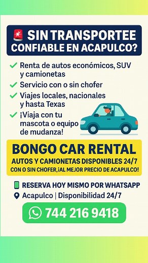 😫 ¿Rentar un auto siempre es un lío? Olvídate de papeleo, depósitos imposibles y trámites eternos. ⠀ Con Bongo Car Rental es rápido, claro y sin complicaciones: ✅ Cotiza por WhatsApp ✅ Elige tu auto o camioneta ✅ Entrega inmediata en Acapulco ⠀ Sin letras chiquitas. Sin vueltas. ¡Solo transporte seguro, fácil y disponible 24/7! 📲 744 216 9418 – Escríbenos y empieza tu viaje sin estrés. ⠀ #RentaDeAutos #FacilYRapido #BongoCarRental #Acapulco #ViajesSinComplicaciones #TransportePrivado #AutosCon