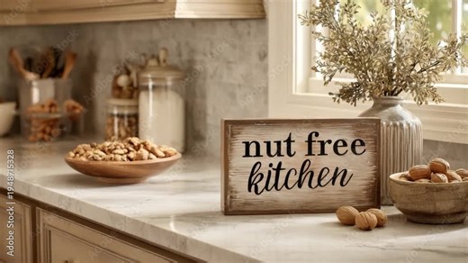 Nut free kitchen sign next to walnuts