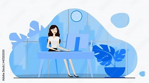 2D Women sitting in chair with desktop on desk typing background 4k footage, Women in office 2D footage