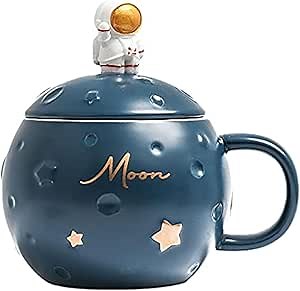 Minimalist Style Astronaut Mug with Spoon Lid Star Ceramic Coffee Cup Kid Milk Mug Tea Cup Gift Office Home (astronaut blue)