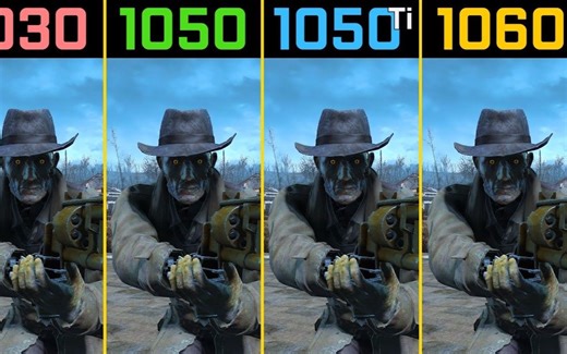 辐射4 PC版性能测试对比视频 GT1030 vs GTX1050 vs GTX1050Ti vs GTX1060 测试CPU为I5-8600K 1080P