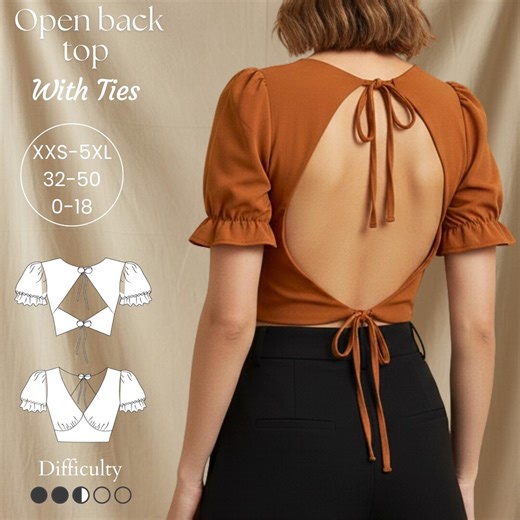 Open Tie Back Top Pdf Sewing Pattern- Beginner Friendly in Sizes 0/32 /XXS -18/50/5XL- Short Puff Sleeve Trendy Summer Top - Etsy