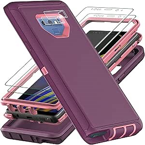 for Samsung Galaxy Note 9 Case, Military Grade Shockproof/Drop Proof/Dust Proof Case with 2Pcs Self Healing Flexible TPU Screen Protector & Camera Lens Protector (Purple/Pink)