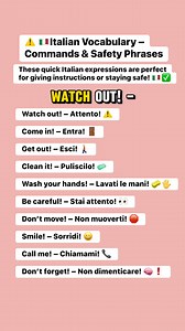 🇮🇹⚠️ Italian Vocabulary – Commands & Safety PhrasesThese quick Italian expressions are perfect for giving instructions or staying safe! 🇮🇹✅#LearnItalian #ItalianVocabulary #ItalianCommands #ItalianPhrases #ParlaItaliano #ItalianForBeginners #ItalianWithTranslation #StudyItalian #LanguageLearning #EverydayItalian #ItalianSafetyWords | Piccolo Maestro
