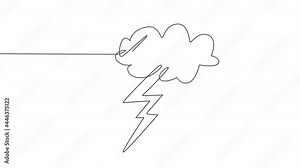 Self drawing animation of single continuous line draw flashing thunderbolt with heavy cloud in the sky. Daily natural weather phenomena concept. Minimalism one line draw. Full length animated.