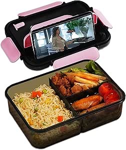 Bento Box Adult Lunch Box, Lunchable Containers with 3 Compartments, Meal Prep Food Container for Women, Lunch Box with Utensils, Snack/Salad/Sandwich Box, Microwave/Dishwasher Safe/BPA Free(Pink)