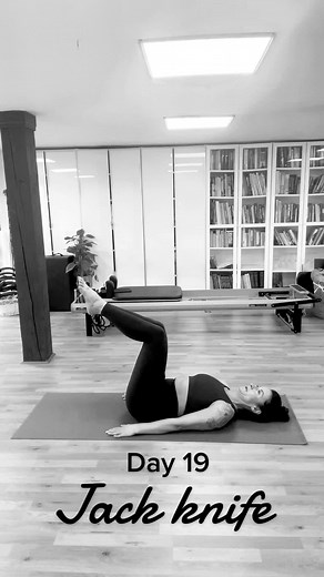 💫Day 19 💫Jack knife My little tweak of the original. The Jack knife builds on elements of other exercises like the roll over. The dynamic legs challenge strength and control, it’s so easy to load the neck and head (don’t do that) which makes this an advanced movement. Control up, control down my friends! Could I stop, at any moment during this exercise to smile for a photo? 🤔 not sure, but that’s where I’m trying to get to with the control. #backtbasics #pilatesteacher #marchmatness2023 #thej