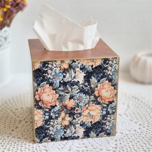 Wooden Square Tissue Box Cover in Dark Blue With Floral Design, Napkin Holder, Decorative Box for Napkins, Gift Mother's Day - Etsy