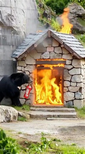 消化器で火事を消し止めようとするツキノワグマ