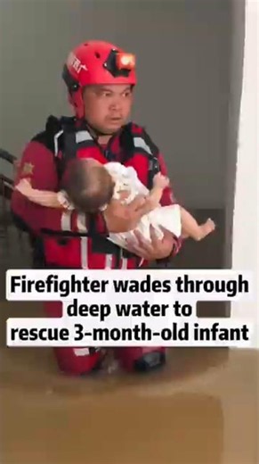 Firefighter wades through deep water to rescue 3-month-old infant