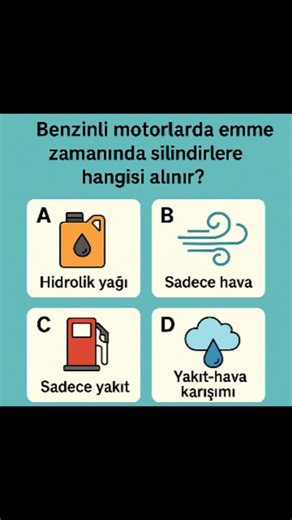 2026 Güncel Ehliyet Soruları on Instagram: "2025 Ehliyet Çıkmış Motor Sorusu #motorsoruları #ehliyetsınavsoruları Benzinli motorlarda emme zamanında silindirlere hangisi alınır? A) Hidrolik yağı B) Sadece hava C) Sadece yakıt D) Yakıt-hava karışımı"
