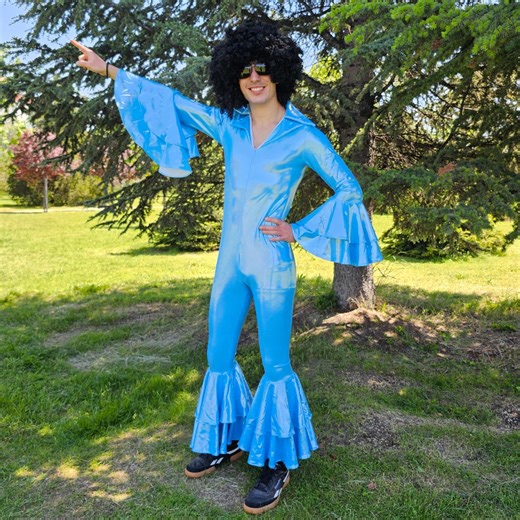 Men's Shiny Blue Disco Jumpsuit | 70s Bell Sleeve Party Costume - Etsy