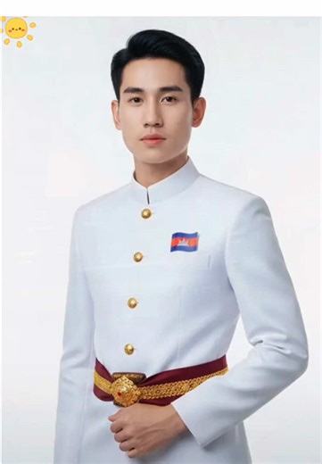 Cambodia Men Google Gemini Tutorial for AI-generated photos of Cambodian costumes; white mandarin collar dress, golden round buttons, Cambodian flag brooch, burgundy wide waist sash, golden carved waist buckle, brown patterned Thai sarong, Cambodian traditional dress integrated with modern tailoring; young Cambodian man, handsome facial features, neat black hair, exquisite moustache style, East Asian facial features, calm eyes សិក្ខាសាលា​សម្រាប់​ថត​រូប​អាវុធកម្ពុជា​ដោយ​អាយី​; អាវ​សំពត់​កូន​កអស់​