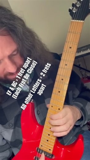 Learn the Musical Alphabet on the 4D String of the guitar with this simple saying! "EF & BC are always 1 fret apart, all other letters in the musical alphabet are always 2 frets apart" Count the fretboard with the Musical Notes Alphabet instead of fret numbers! D_EF_G_A_BC_D_EF... ad infinitum EF & BC (Each Fret Be Close = 1 fret apart) all other letters F_G_A_B & C_D_E = 2 frets apart | Make Music Here