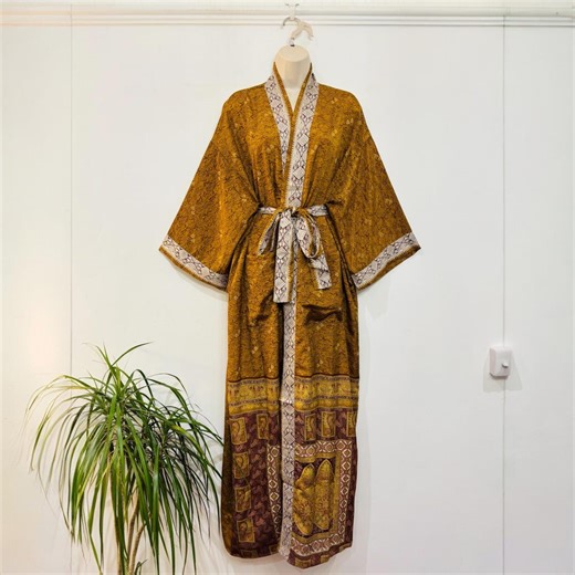 Recycled Silk Kimono Robe, Boho Beach Cover Up, Long Dressing Gown - Etsy