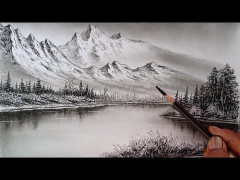 Mountain lake landscape scenery drawing easy ways // Pencil drawing nature view easy ways //