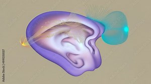 The image presents a detailed 3D rendering of human ear anatomy combined with visualizations of sound waves, illustrating the hearing process for educational or research purposes