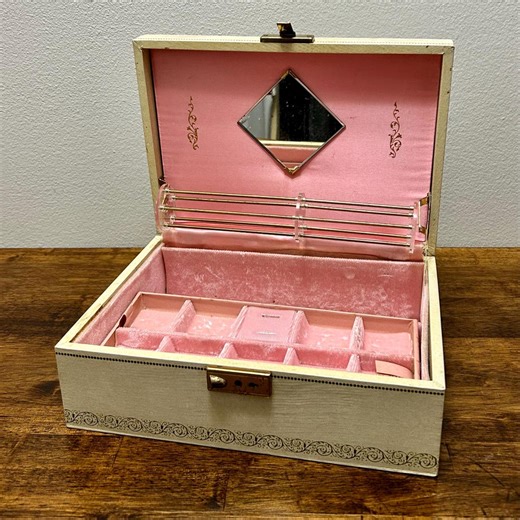 Vintage Mele Jewelry Box, Beige & Gold Faux Leather, Pink Velvet Lined, 2 Level With Bracelet, Necklace Holder and Mirror - Etsy