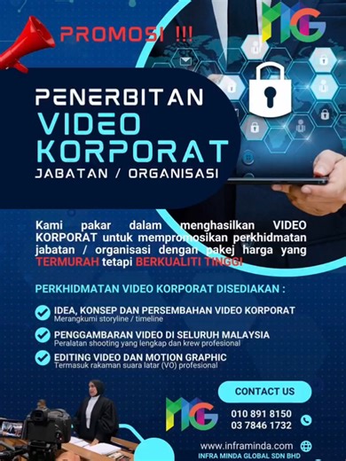 Kami pakar menghasilkan Video Korporat untuk mempromosikan perkhidmatan, pencapaian dan visi organisasi anda — dengan harga berpatutan tetapi hasil bertaraf profesional. ✨ Perkhidmatan Disediakan: ✅ Idea, konsep & persembahan video korporat (storyline & timeline lengkap) ✅ Penggambaran video di seluruh Malaysia dengan peralatan lengkap & kru profesional ✅ Editing video, motion graphic & rakaman suara latar (VO) profesional 🎯 Sesuai untuk: Jabatan Kerajaan • Agensi • Syarikat • Institusi Pendidi