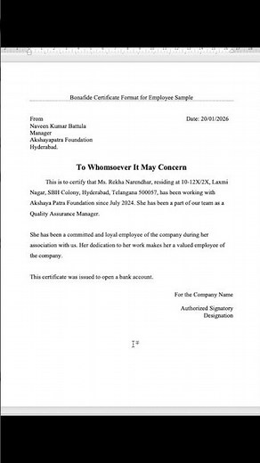 Employee bonafide certificate format sample