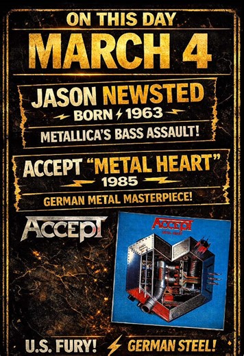 🟥ON THIS DAY 📀 Restless and Wild (#Accept) •リリース：1982年3月4日（ヨーロッパ） •6thアルバム •ジャーマンメタルの決定的作品 代表曲 \t•\tFast as a Shark \t•\tRestless and Wild \t•\tNeon Nights March 4, 1985. A strike of steel arrived from Germany. Metal Heart. The sixth studio album by Accept. With this record, the band fused the heavy, mechanical riffs of German metal with the melodies of classical music. In the title track “Metal Heart,” the intro boldly quotes Beethoven. Classical music and heavy metal— two worlds connected by