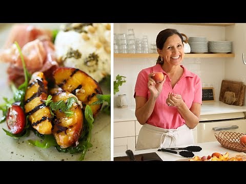 Grilled Peach Salad with Burrata, Pesto and Prosciutto