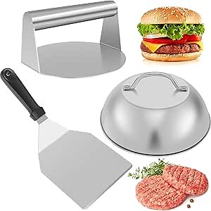 Smash Burger Kit with Lid Griddle Spatula 5.5 Inch Stainless Steel Burger Press 8.9 Inch Basting Cover 13.38 x 5.5 Inch Grill Spatula Non-Stick for Flat Top Griddle Cooking