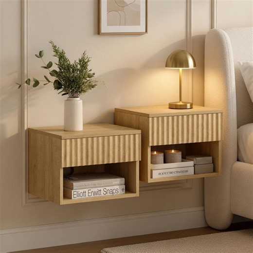 Floating Fluted Nightstand Set Oak Wall Mounted Bedside Table Modern Drawer Shelf - Etsy