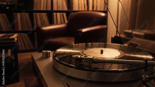 vintage turntable spinning vinyl records in cozy dim-lit room with leather chair and shelves